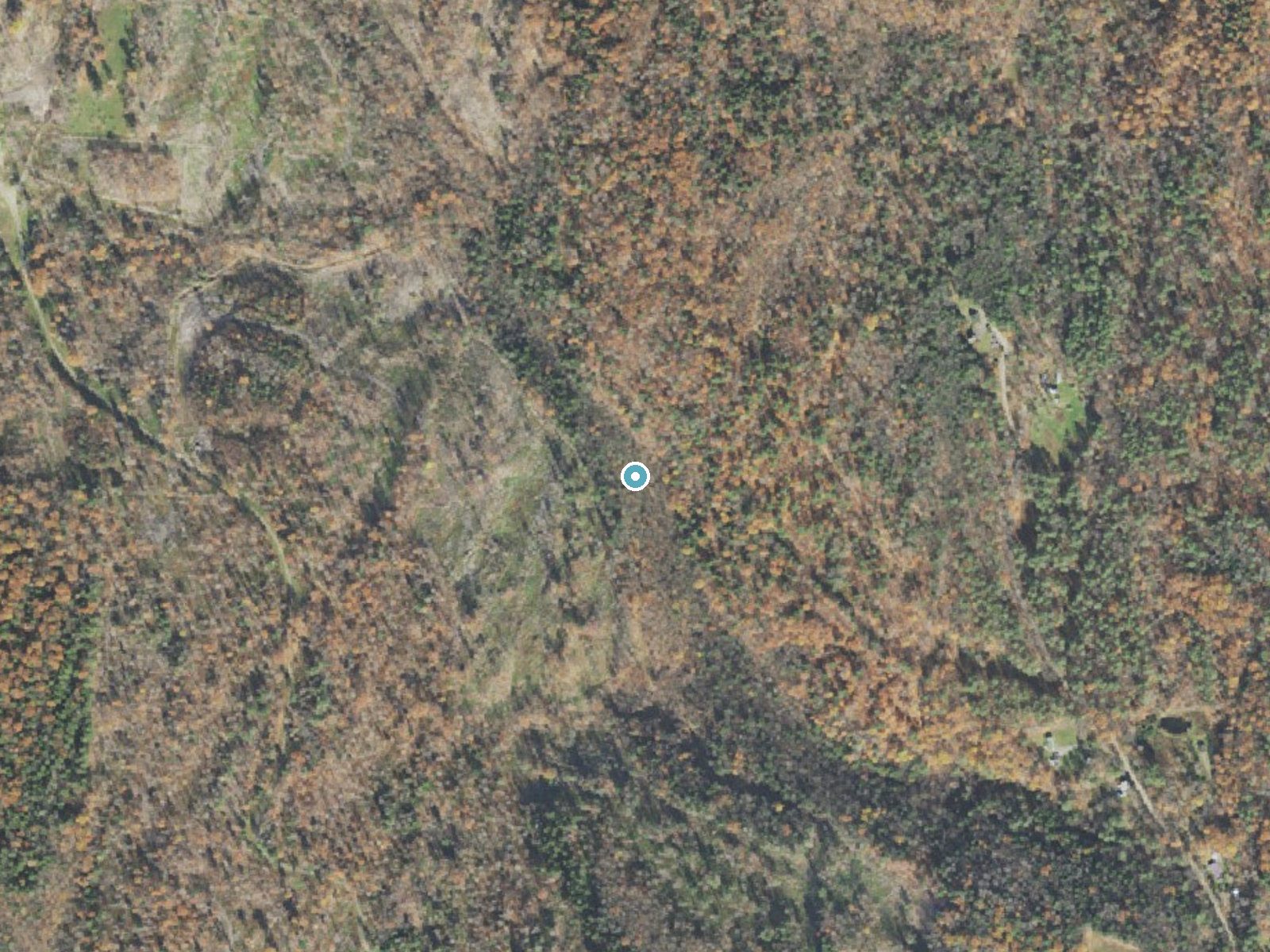 Aerial photo of the same ground around Wymans Falls near Proctorsville, Vermont, for comparison with the lidar view
