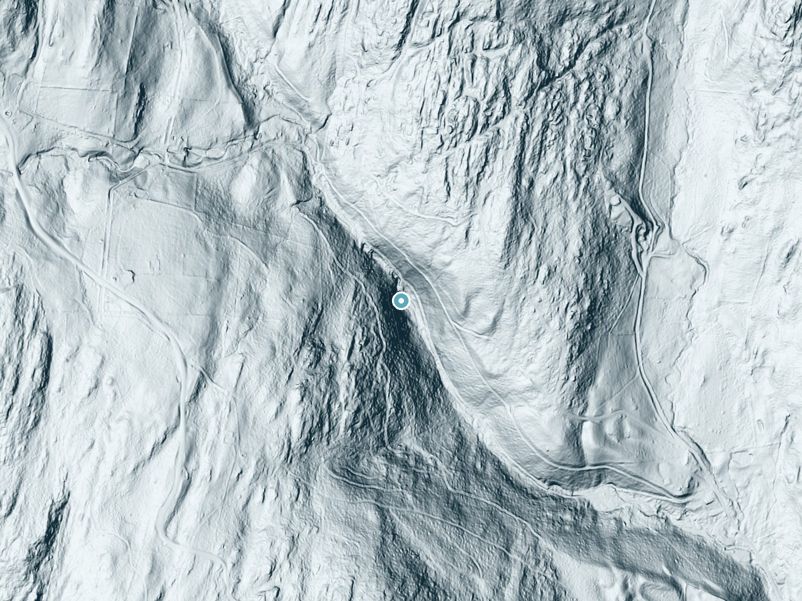 LiDAR bare-earth terrain around Wymans Falls near Proctorsville, Vermont, showing about 161 feet of drop, a steep tiered drop, facing east