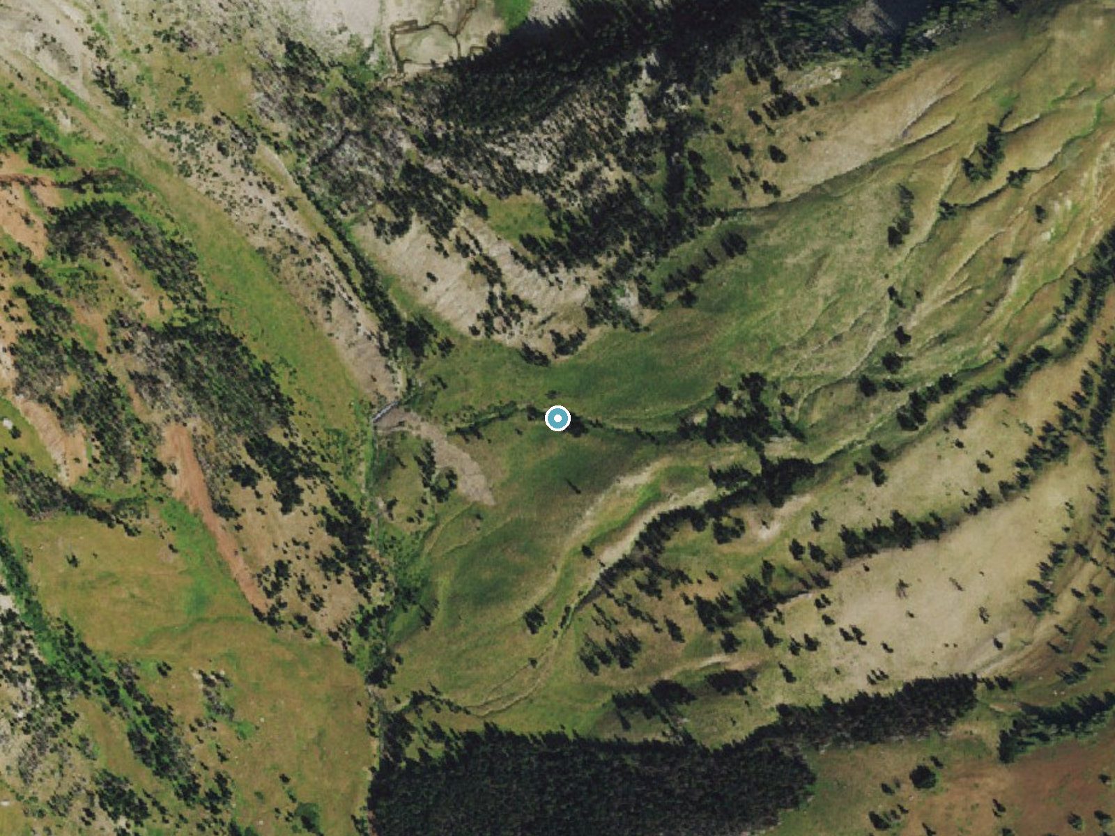 Aerial photo of the same ground around West Dell Falls near Bondurant, Wyoming, for comparison with the lidar view