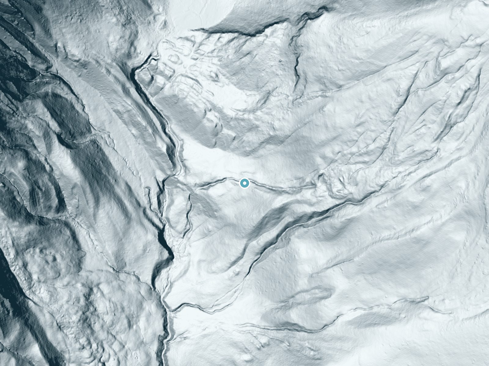 LiDAR bare-earth terrain around West Dell Falls near Bondurant, Wyoming, showing about 184 feet of drop, a long cascade, facing west