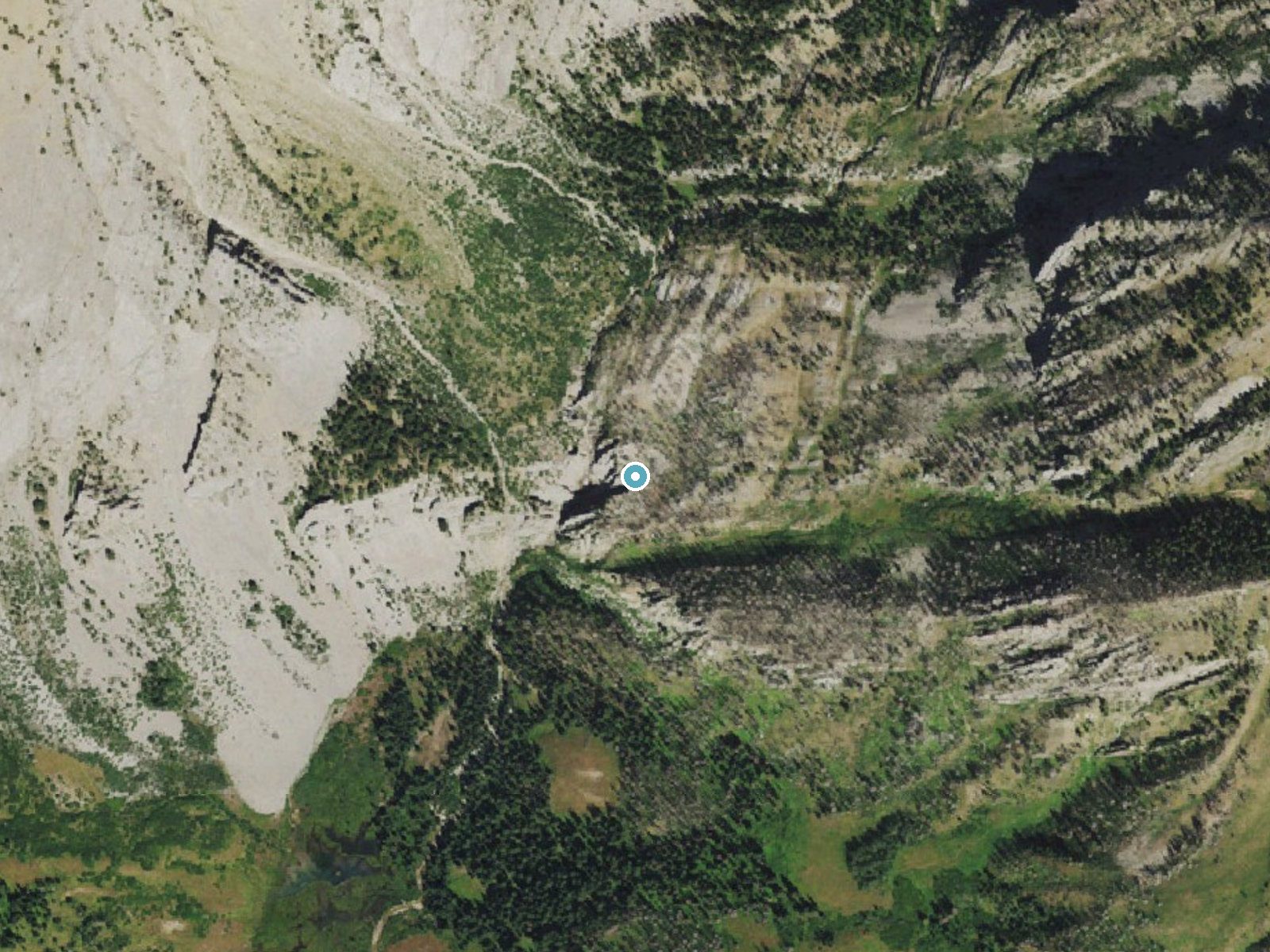 Aerial photo of the same ground around Shoal Falls near Bondurant, Wyoming, for comparison with the lidar view