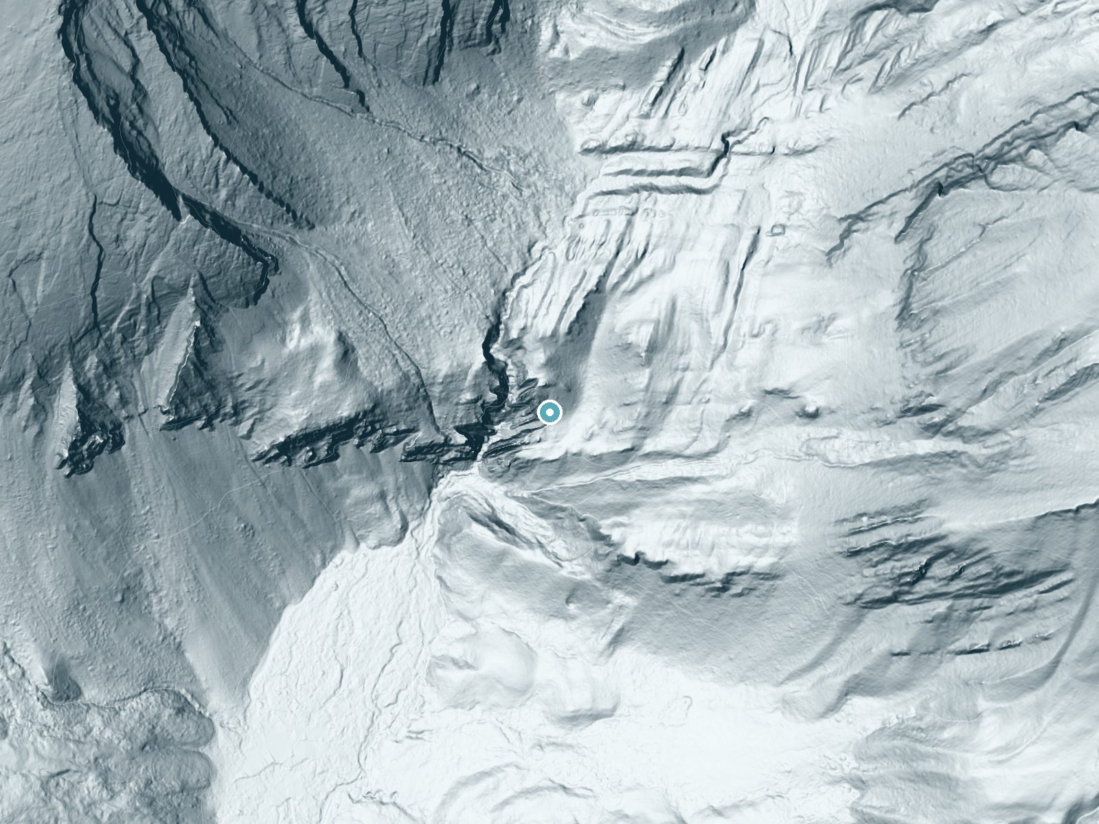 LiDAR bare-earth terrain around Shoal Falls near Bondurant, Wyoming, showing about 351 feet of drop, a steep tiered drop, facing southwest