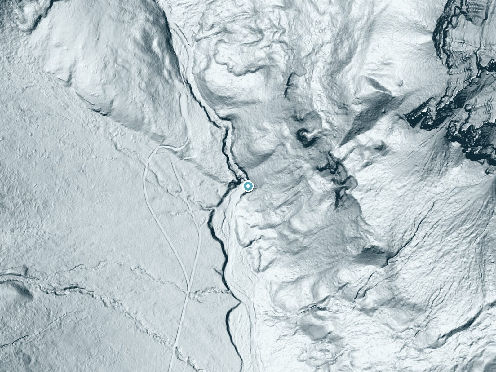 LiDAR bare-earth terrain around Granite Falls near Bondurant, Wyoming, showing about 222 feet of drop, a steep tiered drop, facing southwest