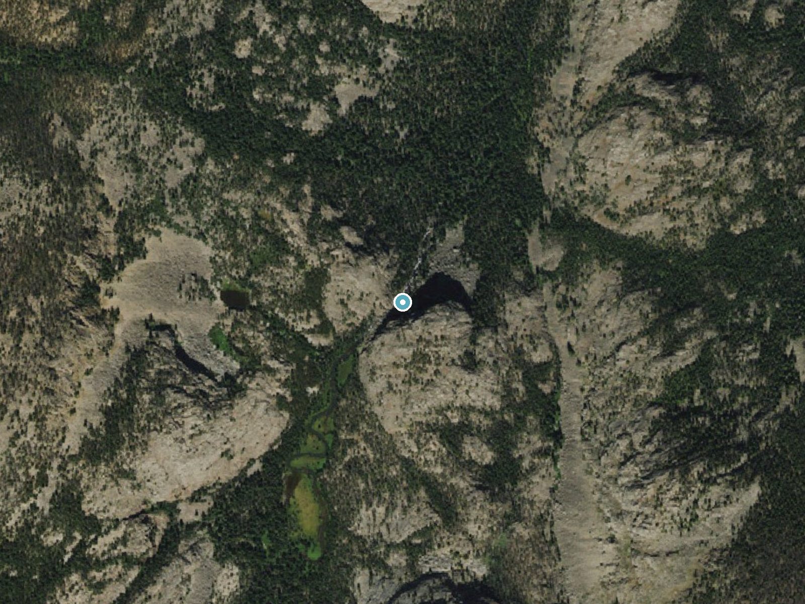 Aerial photo of the same ground around Bomber Falls near Dubois, Wyoming, for comparison with the lidar view