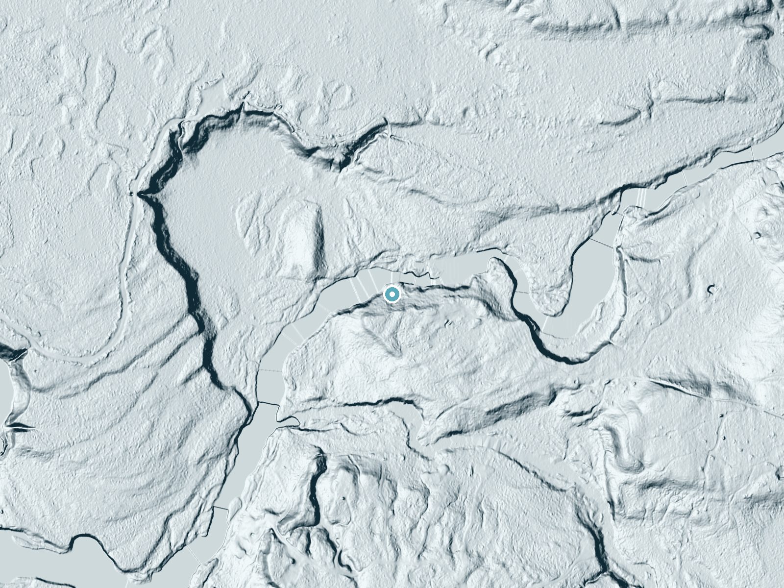 LiDAR bare-earth terrain around Crandall Falls near Prospect, New York, showing about 53 feet of drop, a long cascade, facing north