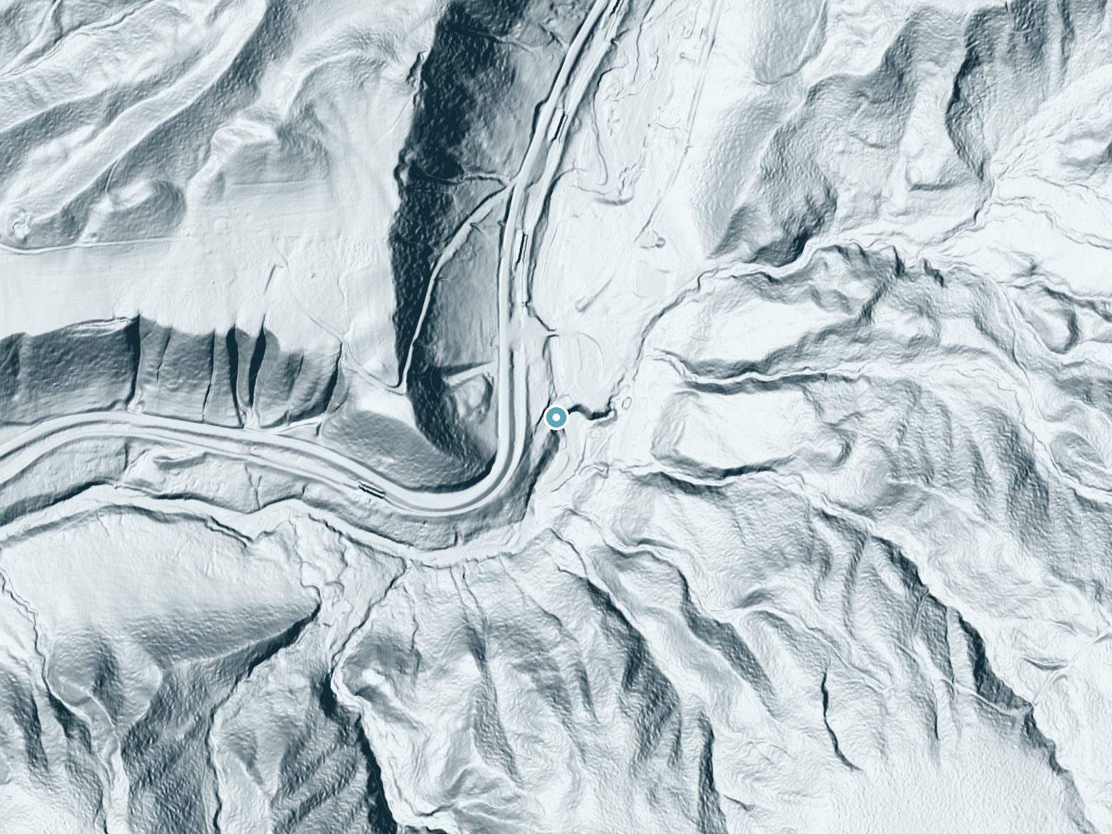 LiDAR bare-earth terrain around Pixley Falls near Westernville, New York, showing about 71 feet of drop, a long cascade, facing southeast