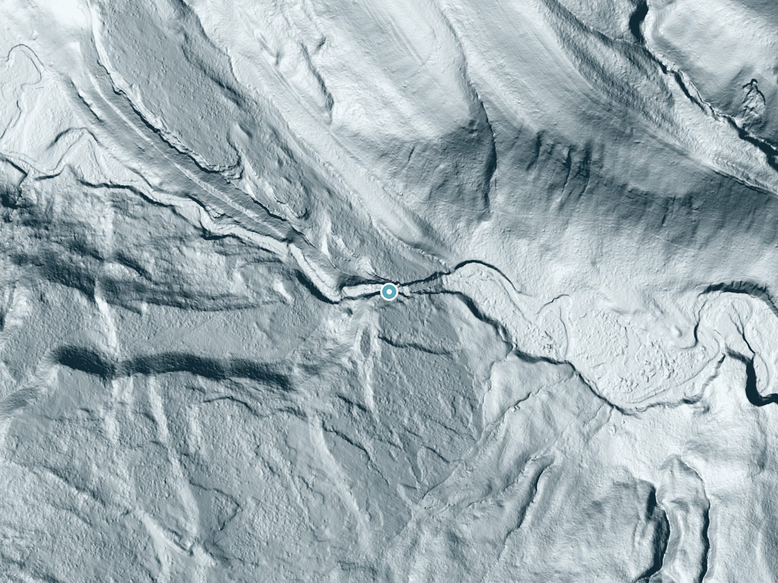 LiDAR bare-earth terrain around Ouzel Falls near Bondurant, Wyoming, showing about 119 feet of drop, a steep tiered drop, facing northeast