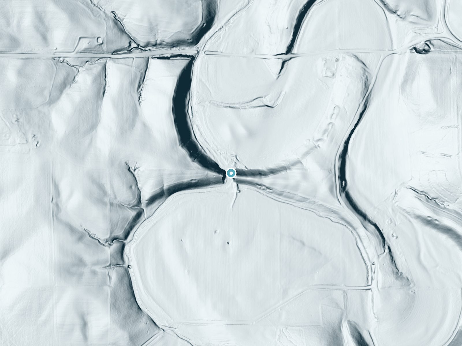 LiDAR bare-earth terrain around Black Falls near Cresco, Iowa, showing about 95 feet of drop, a steep tiered drop, facing north