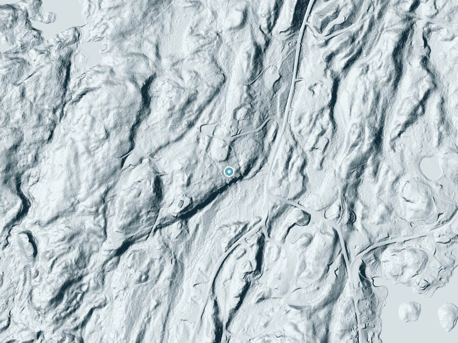 LiDAR bare-earth terrain around Buttermilk Falls near Hudson Falls, New York, showing about 99 feet of drop, a steep tiered drop, facing southeast