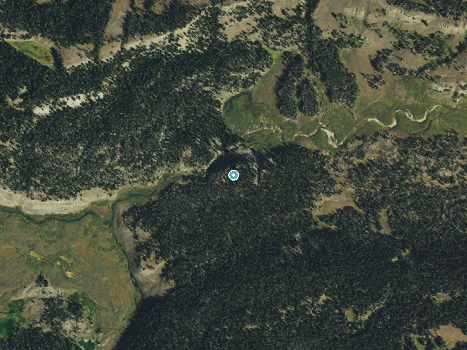 Aerial photo of the same ground around Upper Falls near Bondurant, Wyoming, for comparison with the lidar view