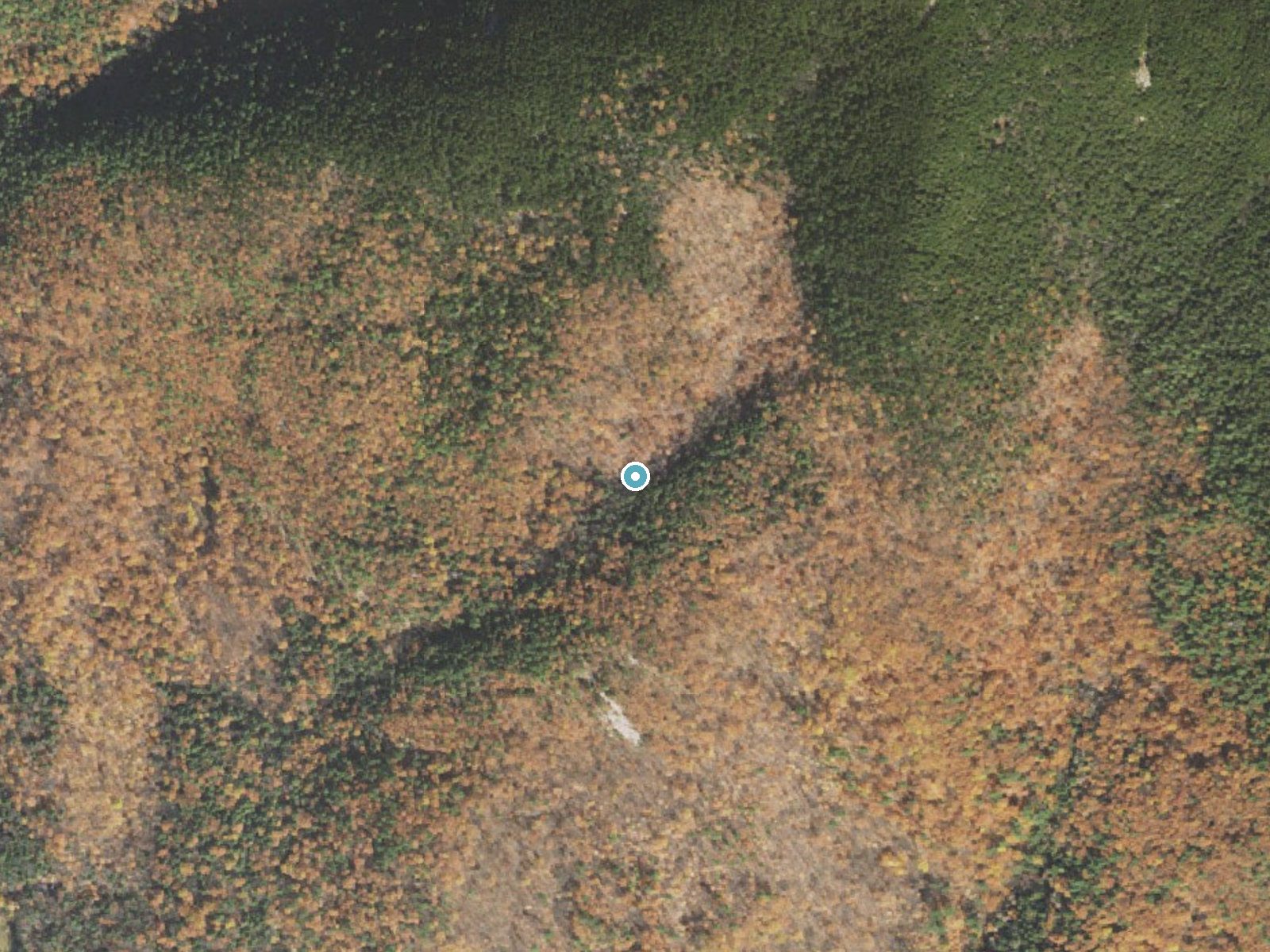 Aerial photo of the same ground around Little Cascade Falls near Ascutney, Vermont, for comparison with the lidar view