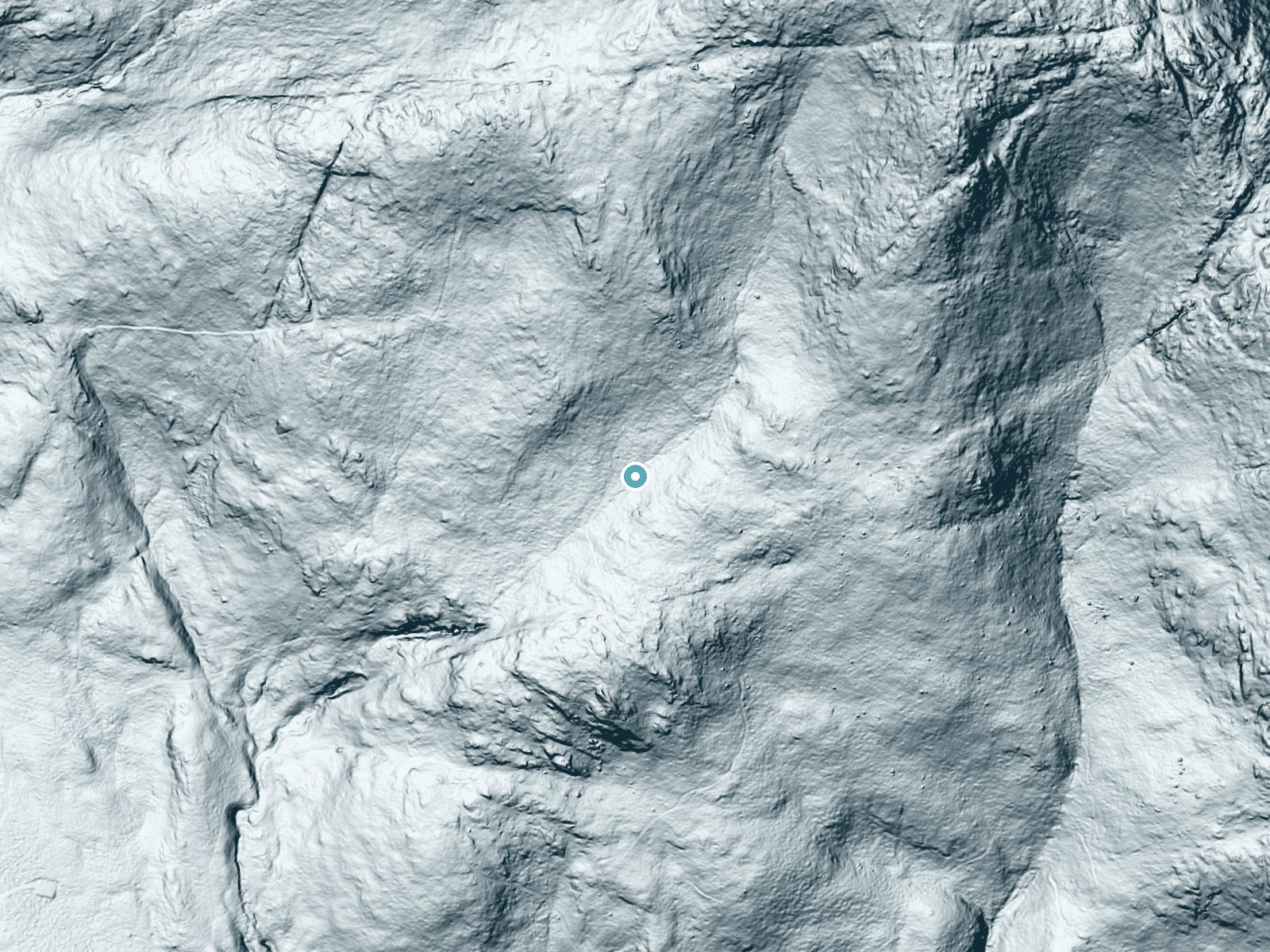 LiDAR bare-earth terrain around Little Cascade Falls near Ascutney, Vermont, showing about 139 feet of drop, a long cascade, facing southwest