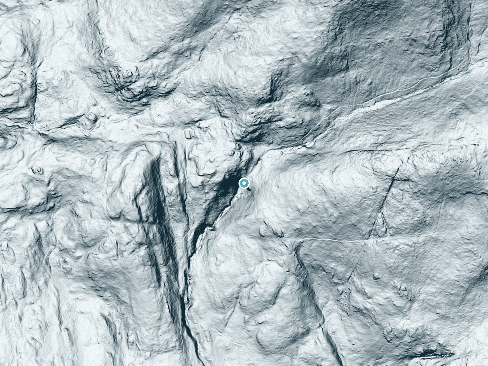 LiDAR bare-earth terrain around Crystal Cascade Falls near Ascutney, Vermont, showing about 210 feet of drop, a single sheer drop, facing southwest