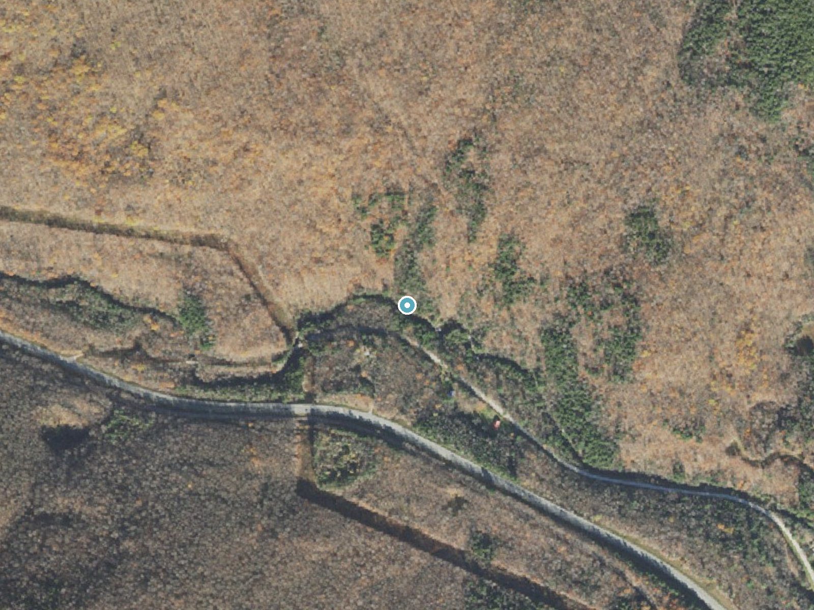 Aerial photo of the same ground around Buttermilk Falls near Proctorsville, Vermont, for comparison with the lidar view