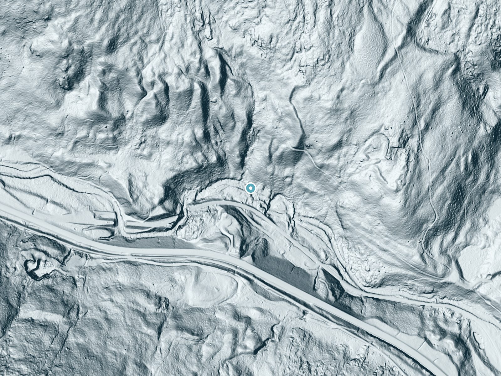 LiDAR bare-earth terrain around Buttermilk Falls near Proctorsville, Vermont, showing about 110 feet of drop, a long cascade, facing south