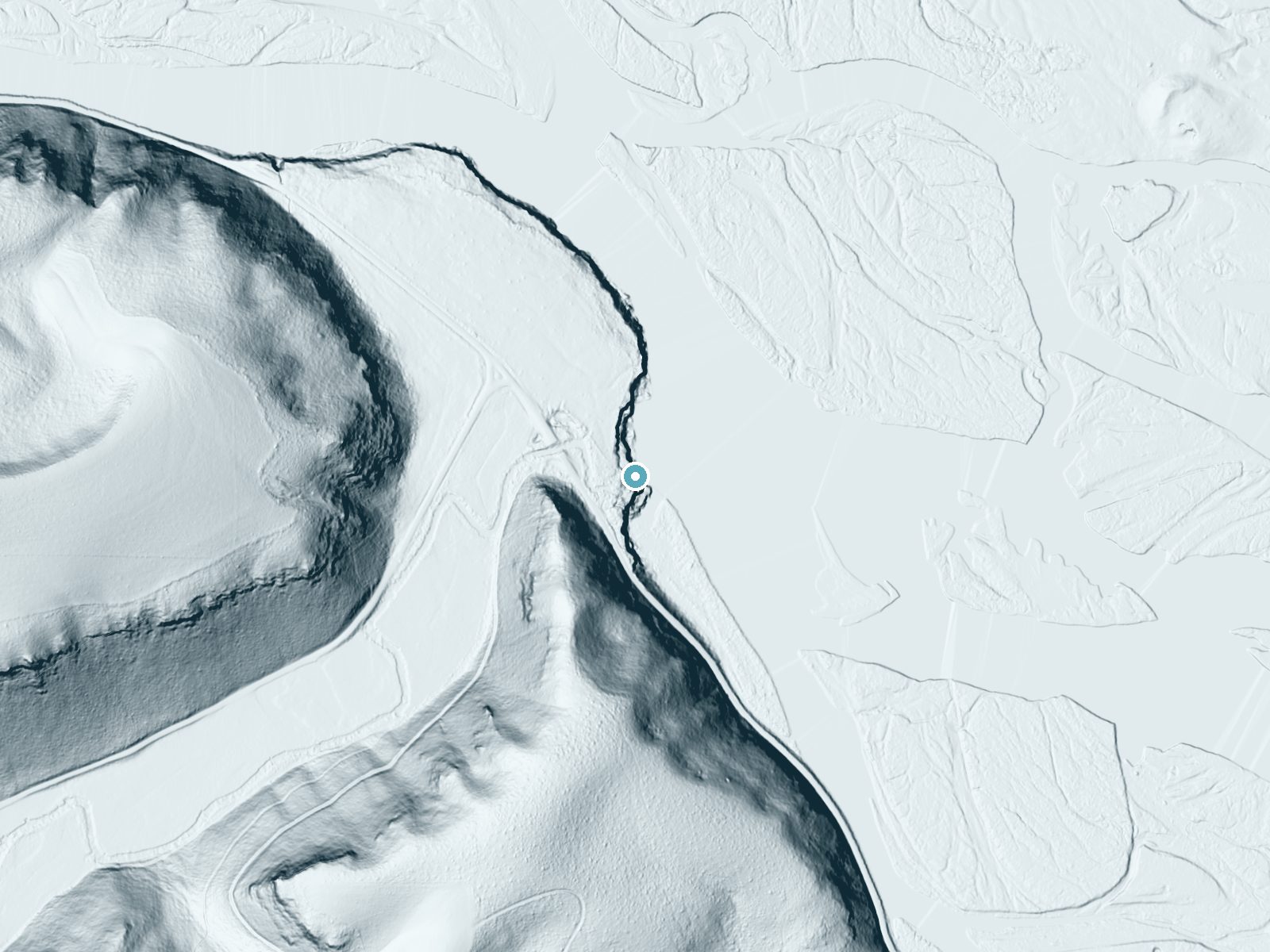 LiDAR bare-earth terrain around Fall Creek Falls near Swan Valley, Idaho, showing about 60 feet of drop, a steep tiered drop, facing east