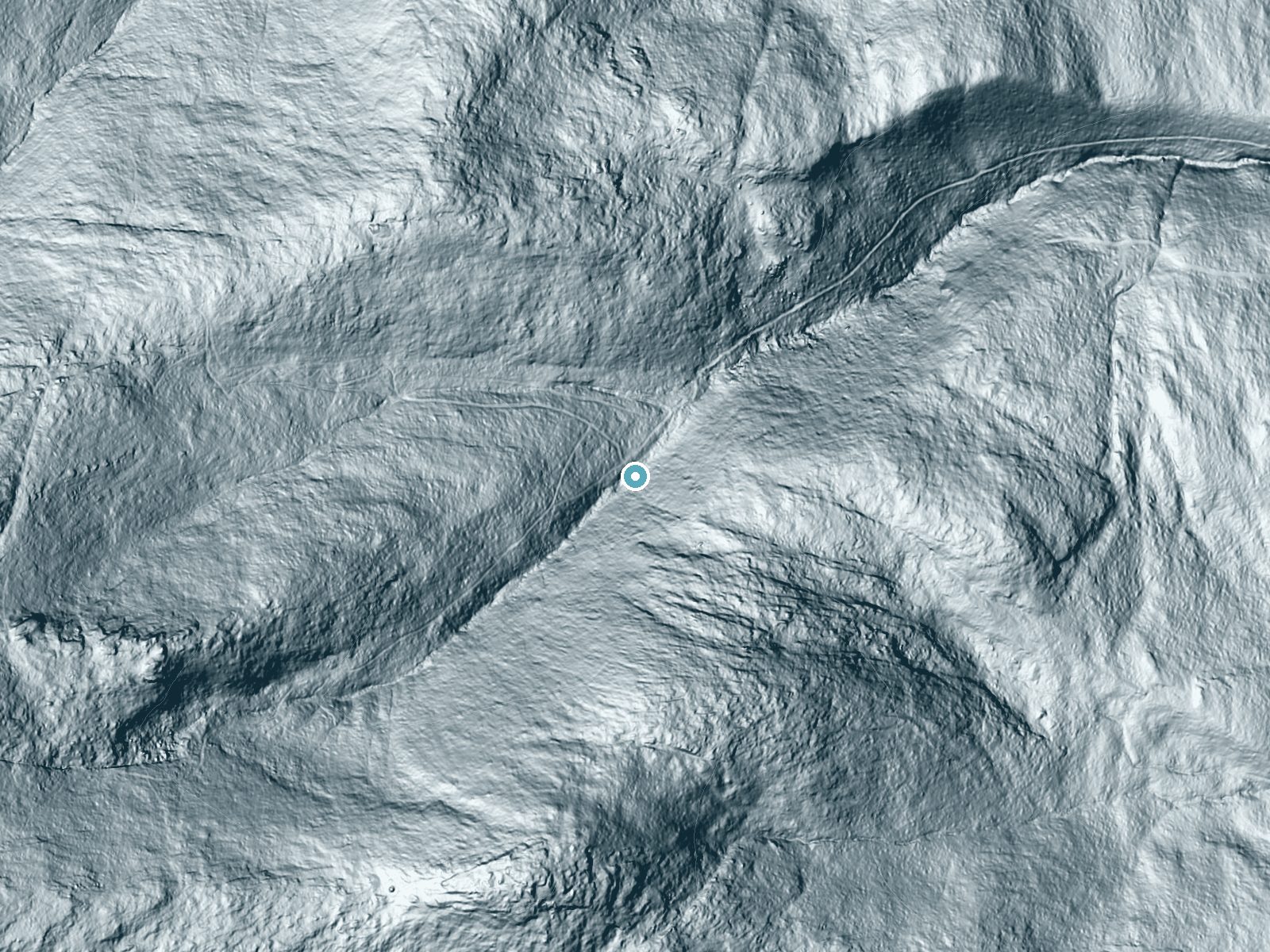 LiDAR bare-earth terrain around Gerrys Falls near Ascutney, Vermont, showing about 208 feet of drop, a steep tiered drop, facing north