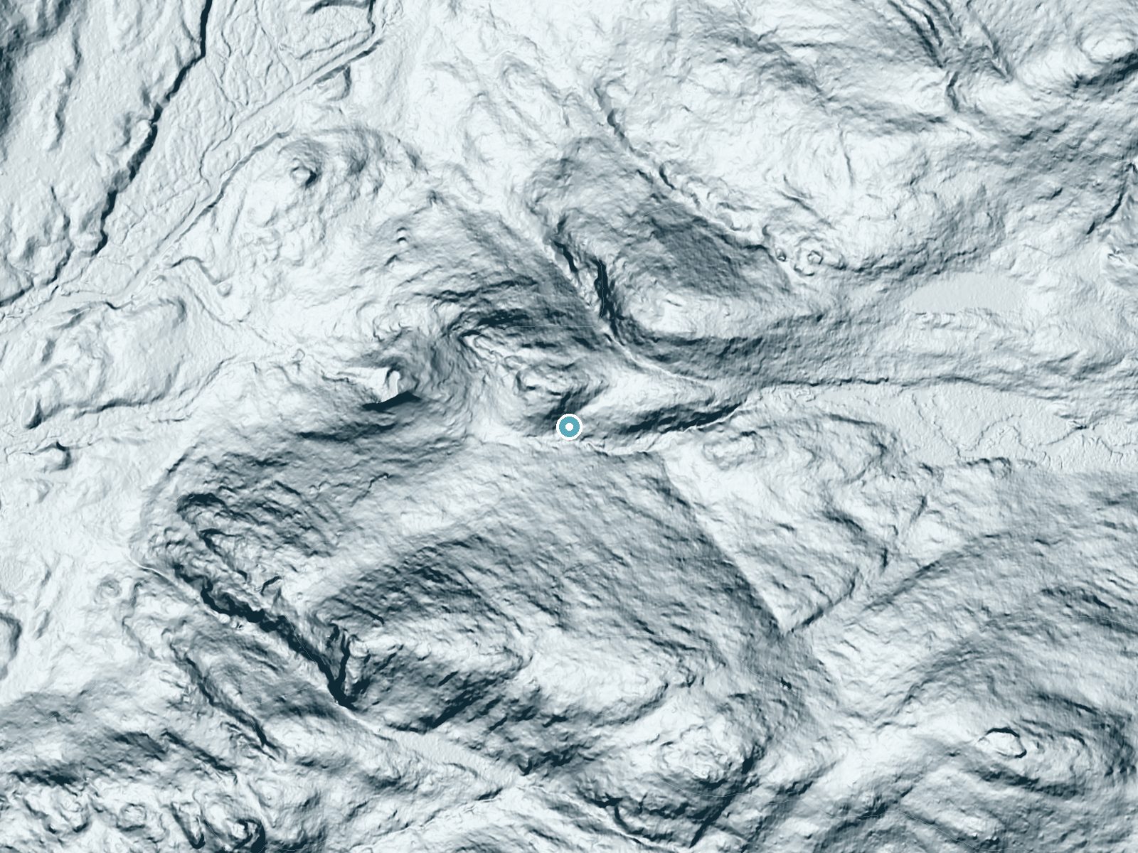 LiDAR bare-earth terrain around T Lake Falls near Speculator, New York, showing about 106 feet of drop, a long cascade, facing southwest