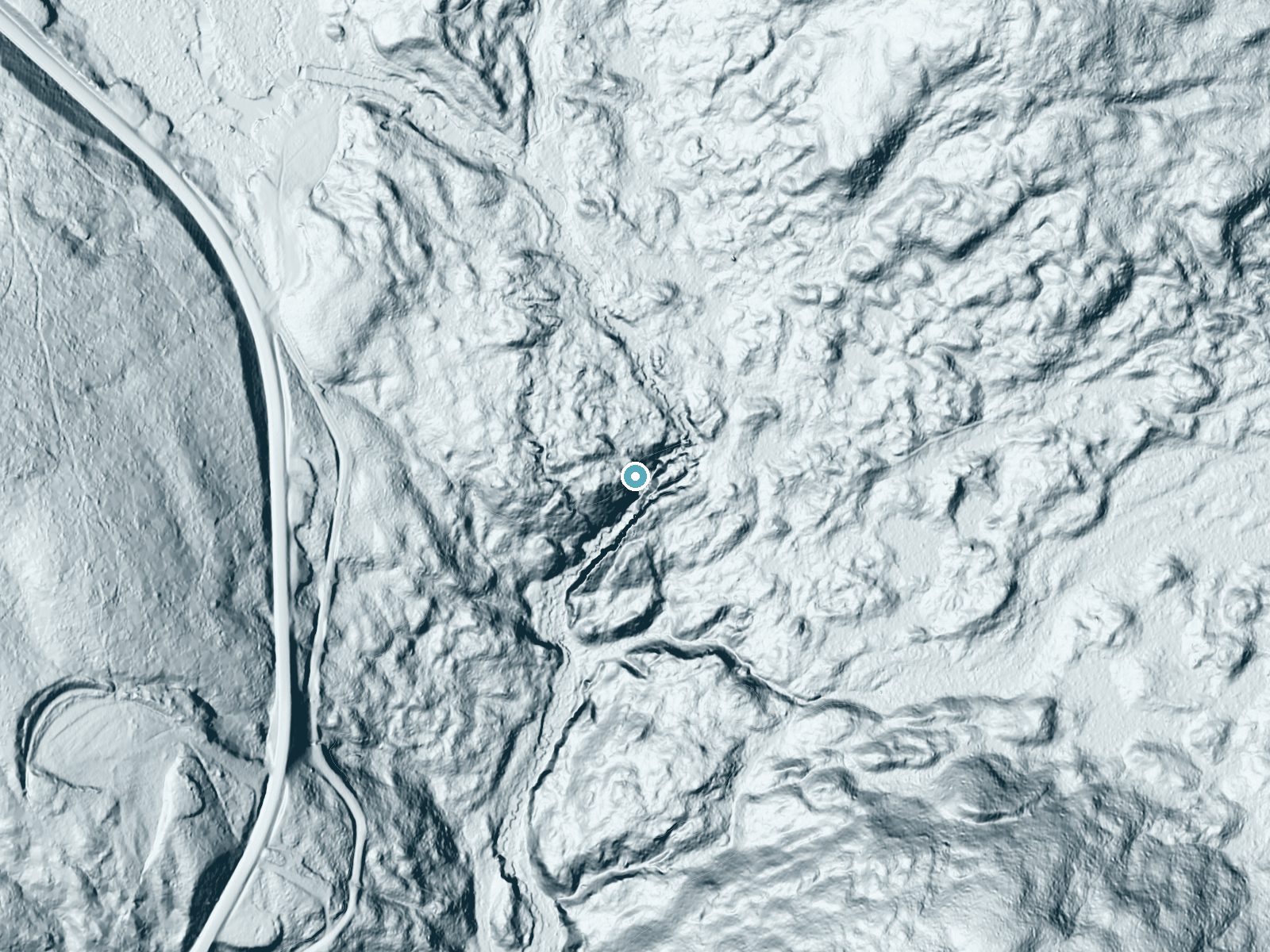LiDAR bare-earth terrain around Auger Falls near Speculator, New York, showing about 116 feet of drop, a steep tiered drop, facing south