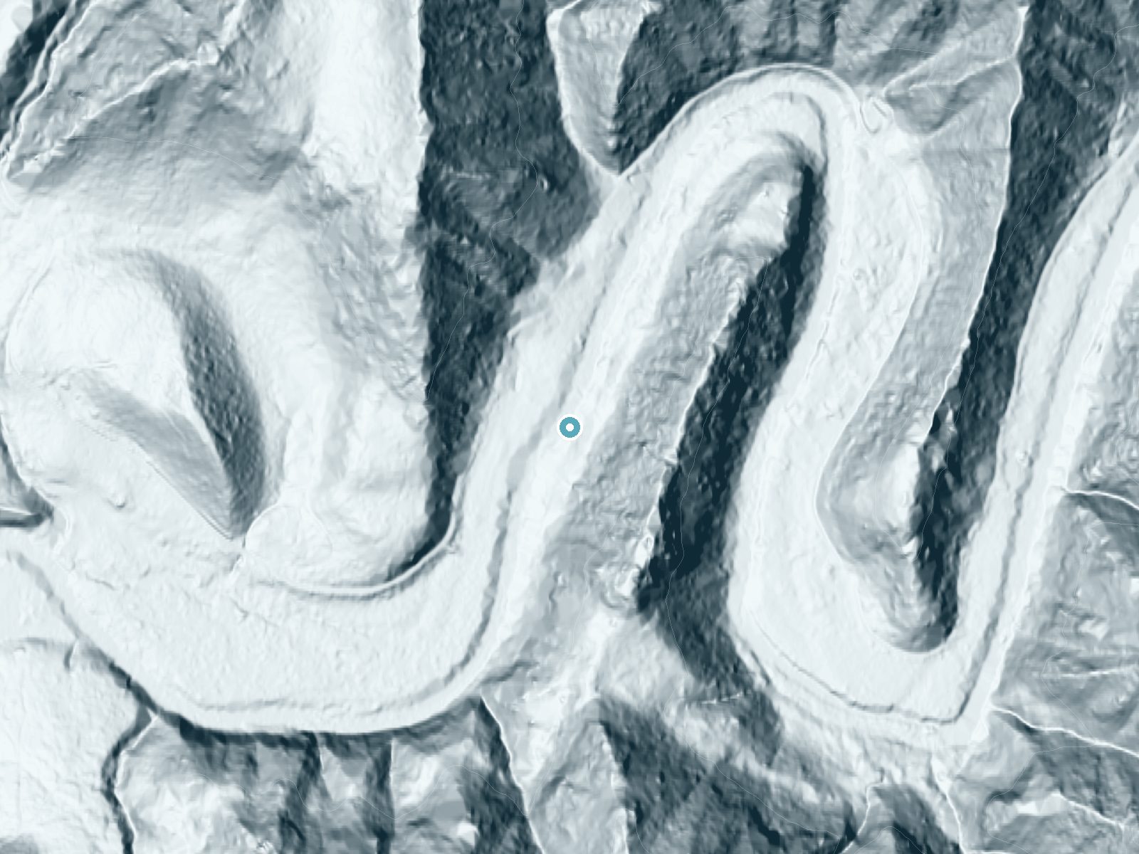 LiDAR bare-earth terrain around Estelle Falls near Glasgow, Oregon, showing about 107 feet of drop, a steep tiered drop, facing northwest