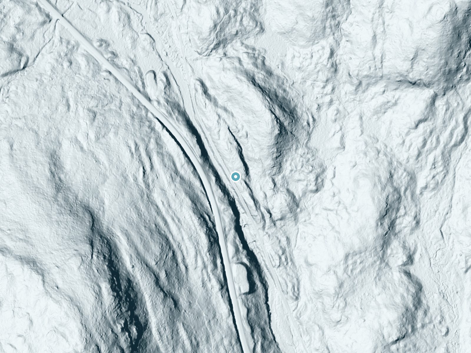 LiDAR bare-earth terrain around Austin Falls near Speculator, New York, showing about 73 feet of drop, a long cascade, facing south