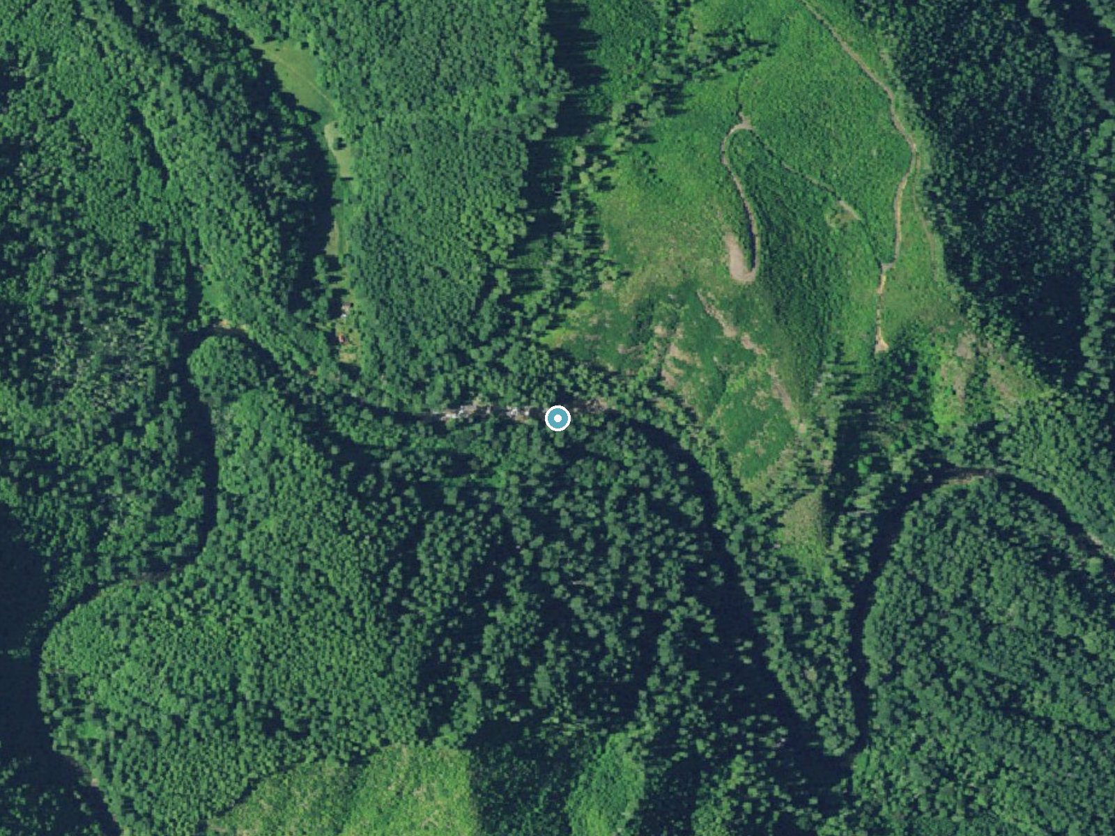 Aerial photo of the same ground around Stulls Falls near Saunders Lake, Oregon, for comparison with the lidar view