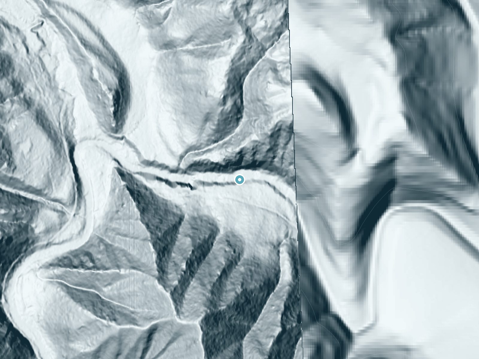 LiDAR bare-earth terrain around Stulls Falls near Saunders Lake, Oregon, showing about 230 feet of drop, a single sheer drop, facing south