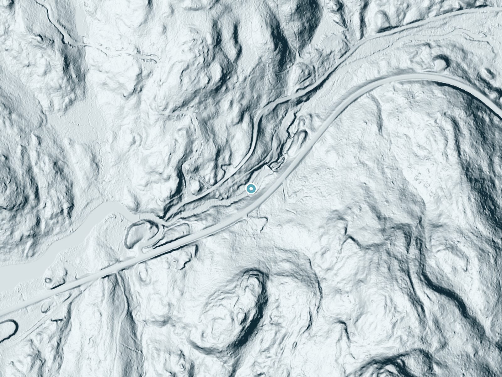 LiDAR bare-earth terrain around Christine Falls near Speculator, New York, showing about 55 feet of drop, a long cascade, facing north