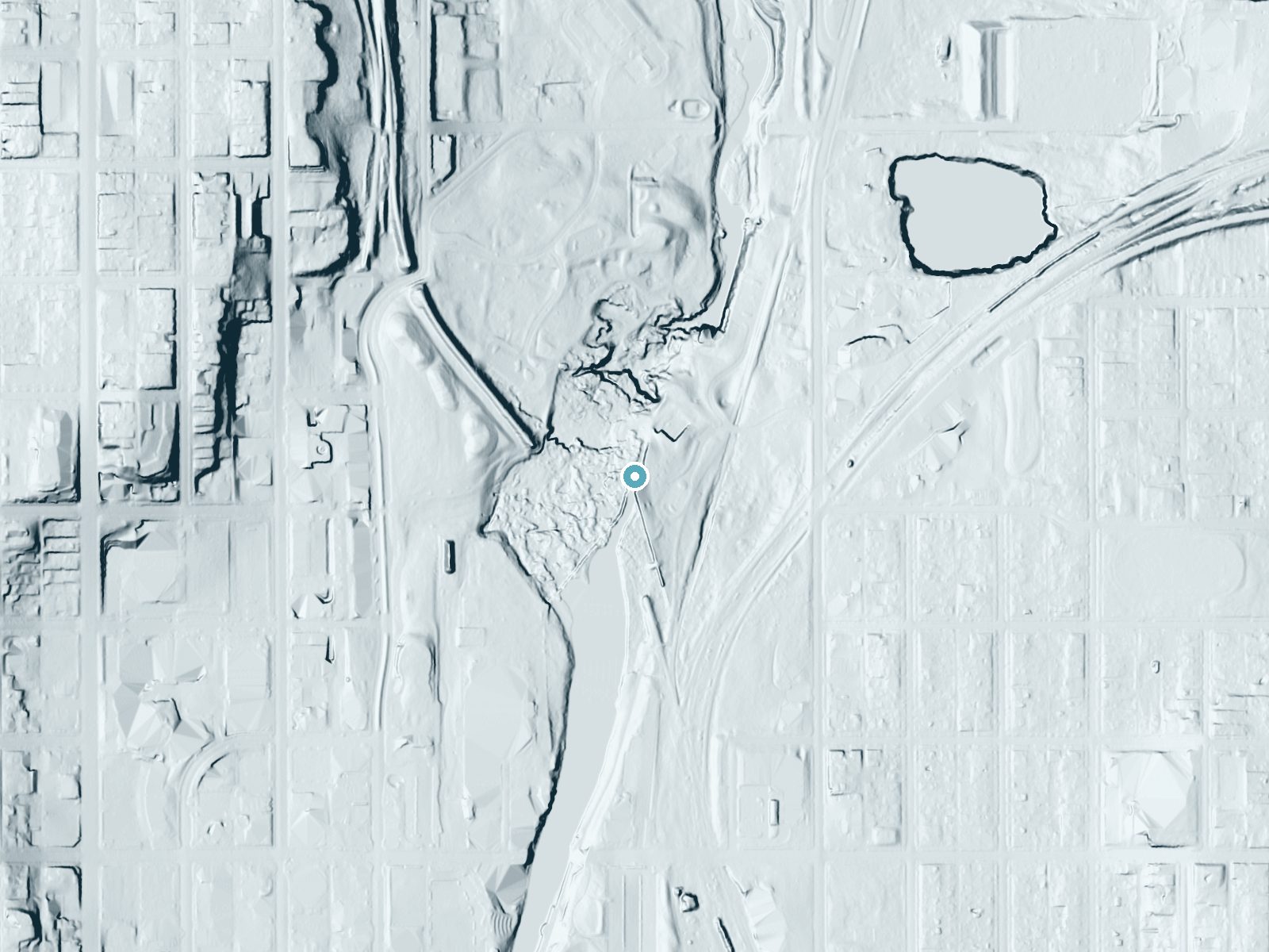 LiDAR bare-earth terrain around Sioux Falls near Sioux Falls, South Dakota, showing about 35 feet of drop, a long cascade, facing northwest