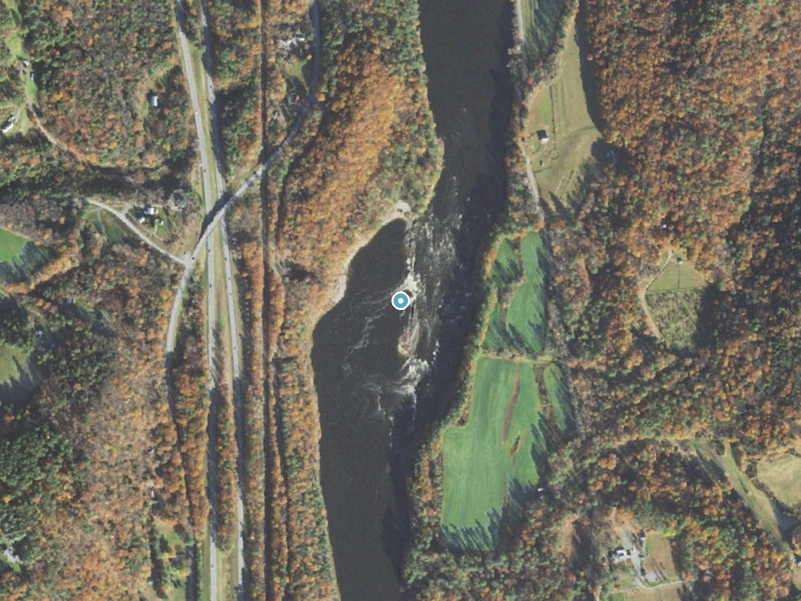 Aerial photo of the same ground around Sumner Falls near North Hartland, New Hampshire, for comparison with the lidar view