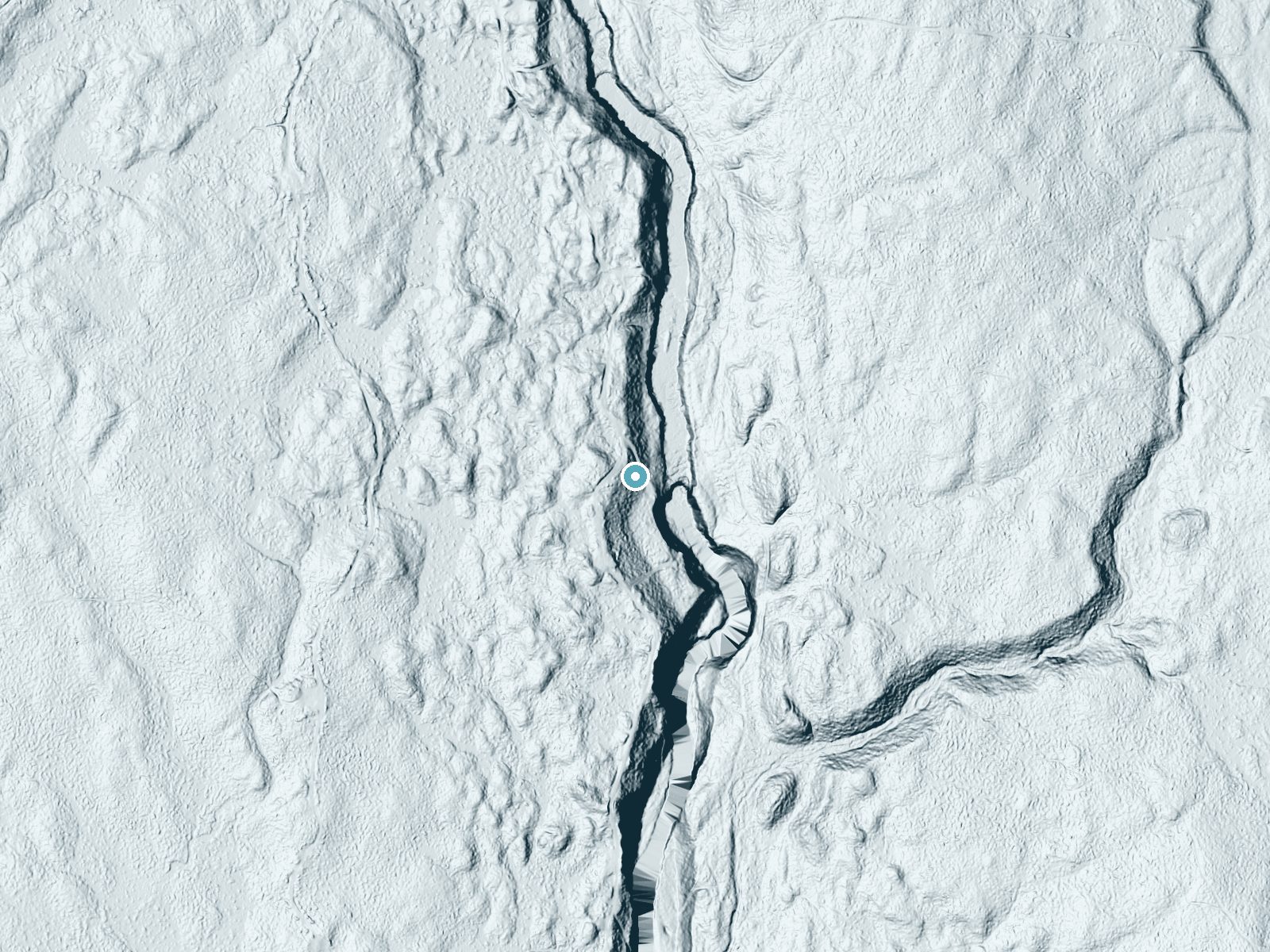 LiDAR bare-earth terrain around Mad River Falls near Altmar, New York, showing about 96 feet of drop, a long cascade, facing east