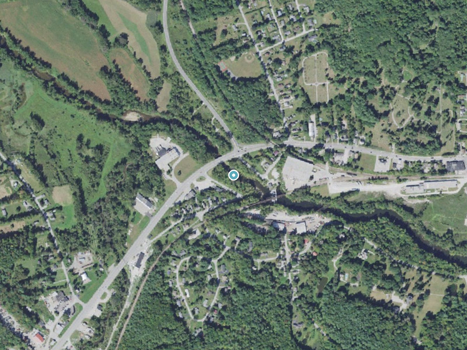 Aerial photo of the same ground around Center Rutland Falls near Rutland, Vermont, for comparison with the lidar view