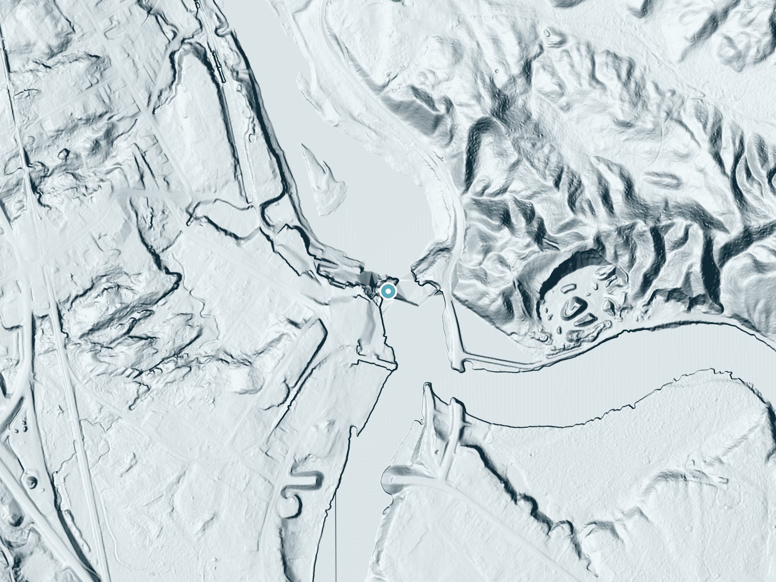 LiDAR bare-earth terrain around Lyons Falls near Lyons Falls, New York, showing about 81 feet of drop, a long cascade, facing north
