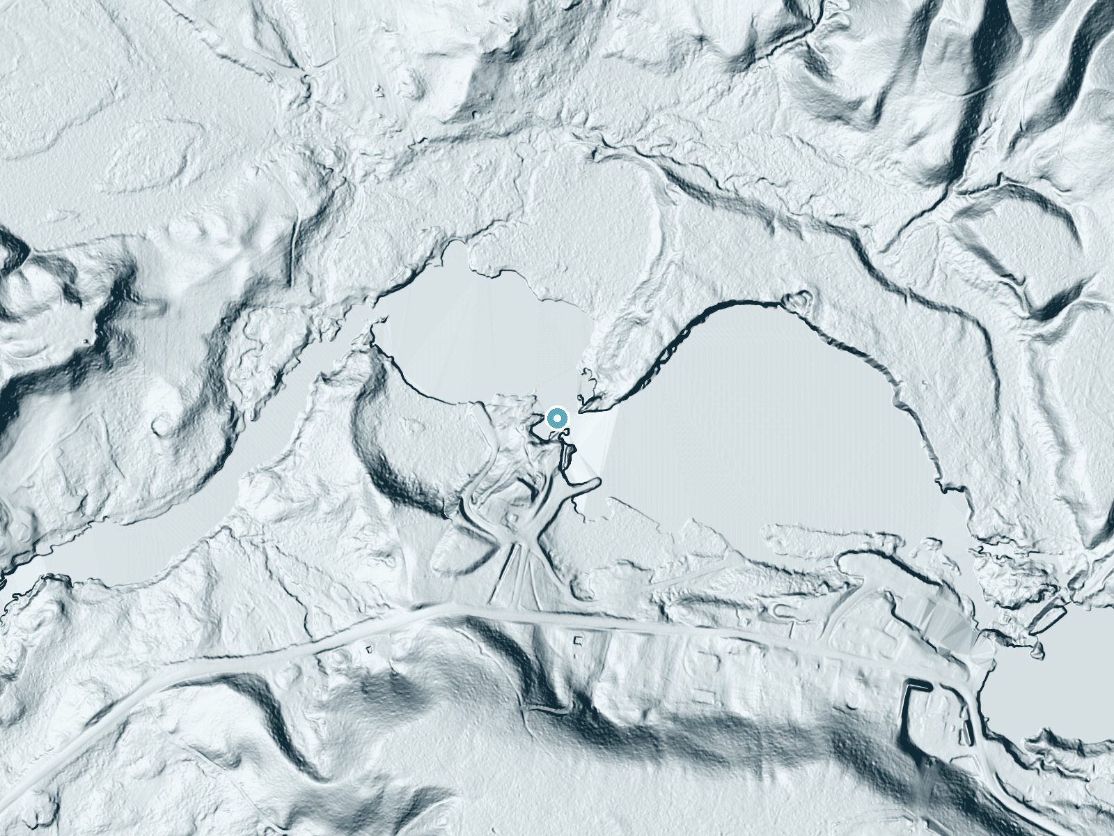 LiDAR bare-earth terrain around Agers Falls near Lyons Falls, New York, showing about 49 feet of drop, a long cascade, facing north