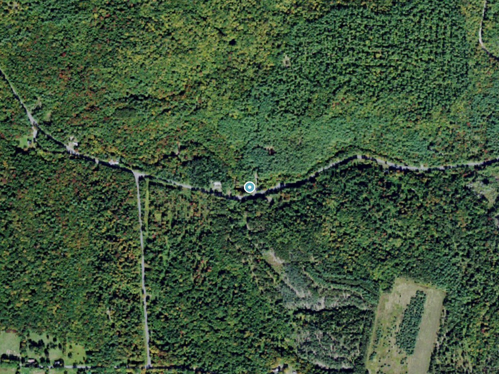 Aerial photo of the same ground around Singing Waters Falls near Lyons Falls, New York, for comparison with the lidar view