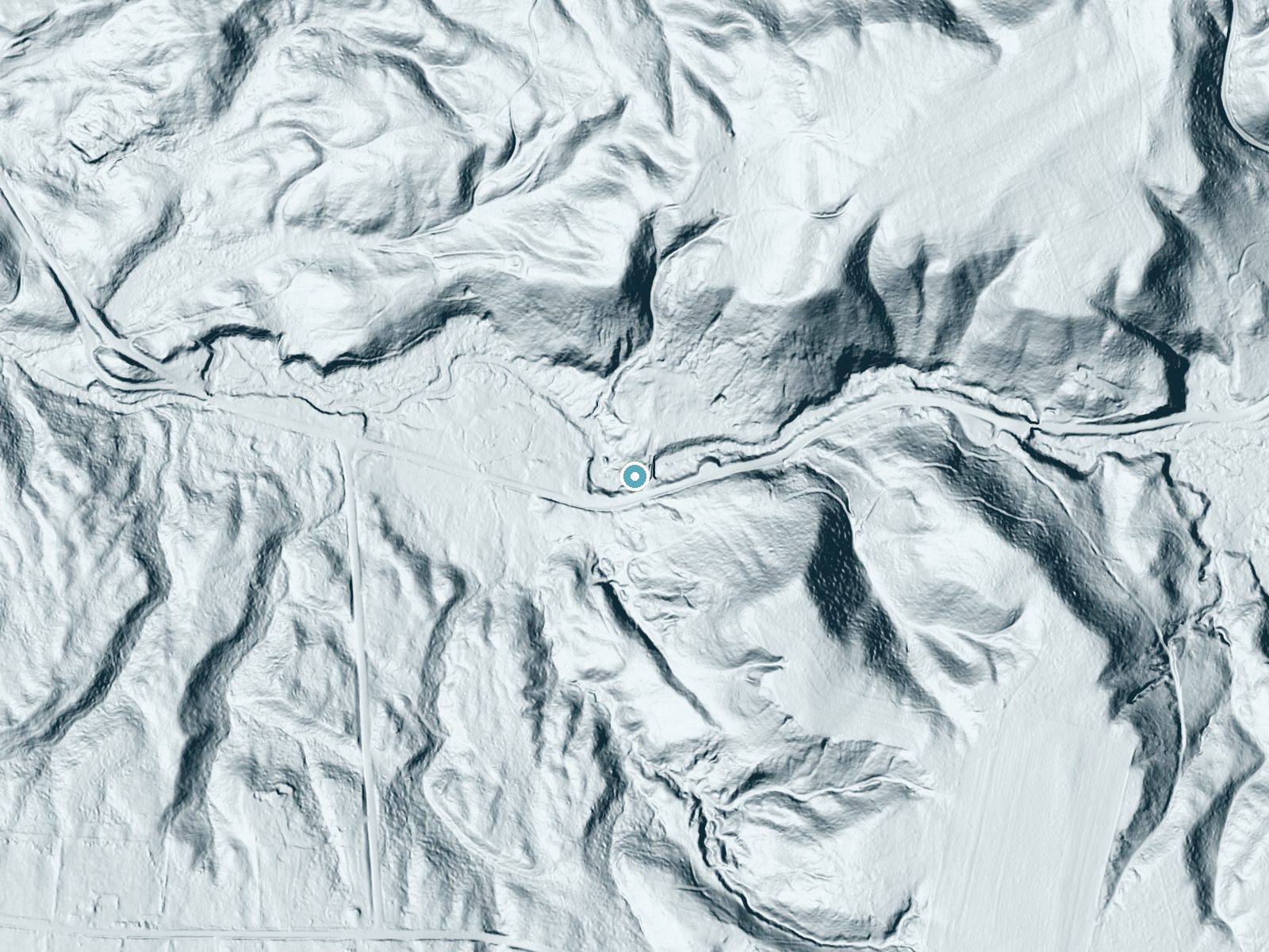 LiDAR bare-earth terrain around Singing Waters Falls near Lyons Falls, New York, showing about 67 feet of drop, a long cascade, facing northwest