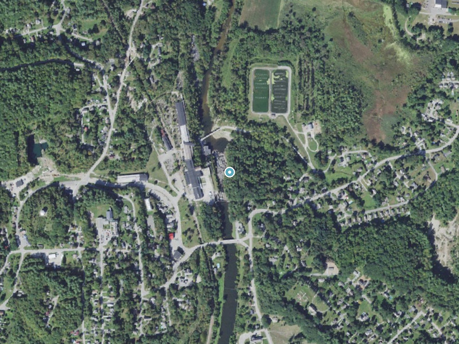Aerial photo of the same ground around Sutherland Falls near Proctor, Vermont, for comparison with the lidar view