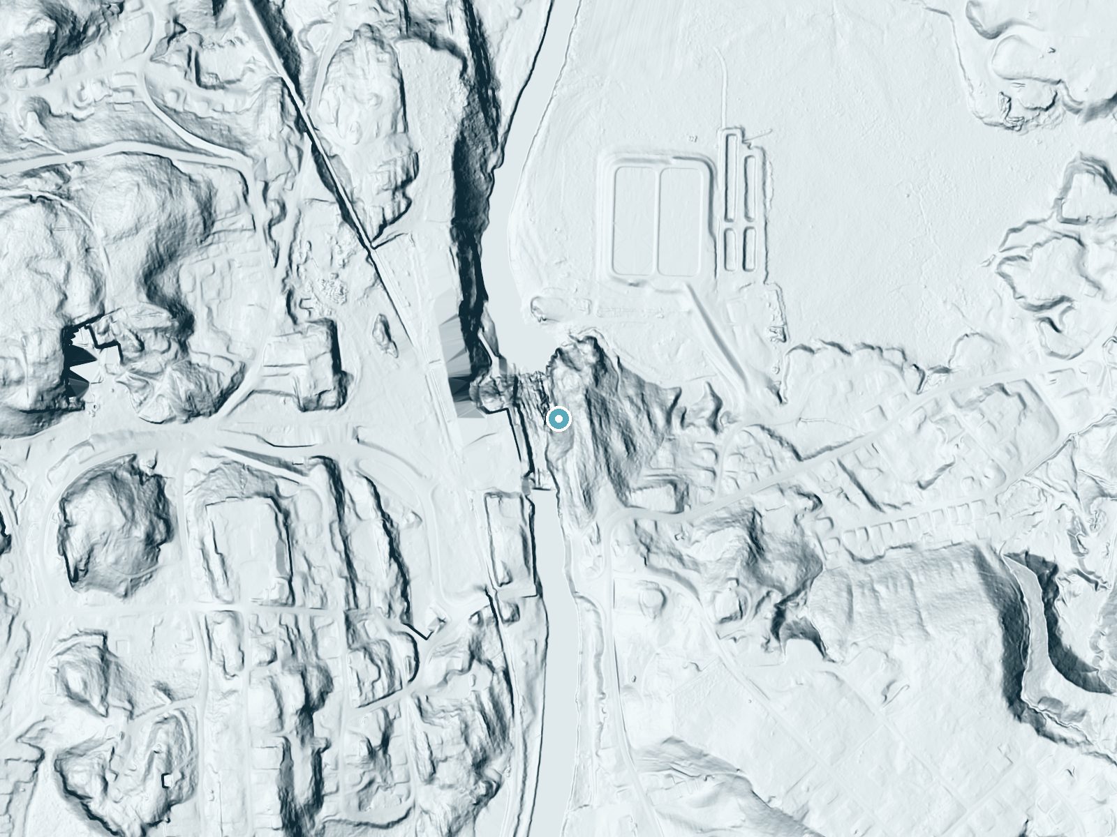 LiDAR bare-earth terrain around Sutherland Falls near Proctor, Vermont, showing about 173 feet of drop, a steep tiered drop, facing northwest