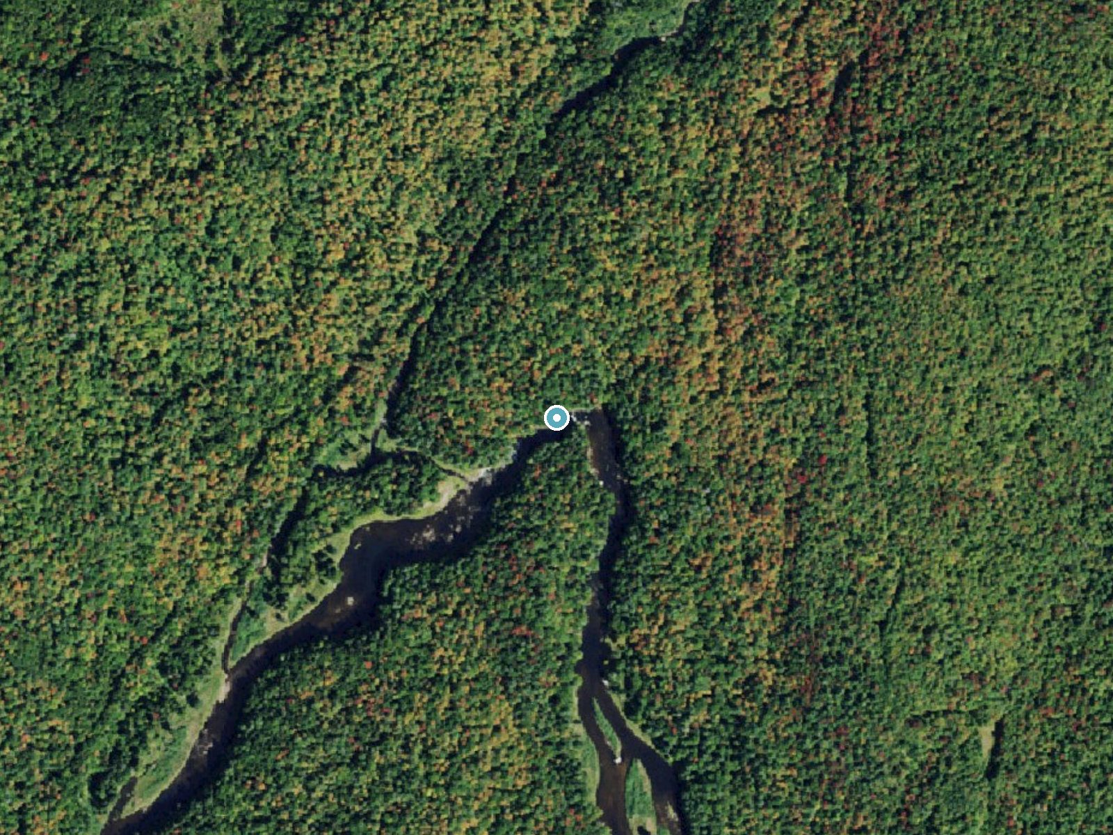 Aerial photo of the same ground around Limekiln Falls near Old Forge, New York, for comparison with the lidar view