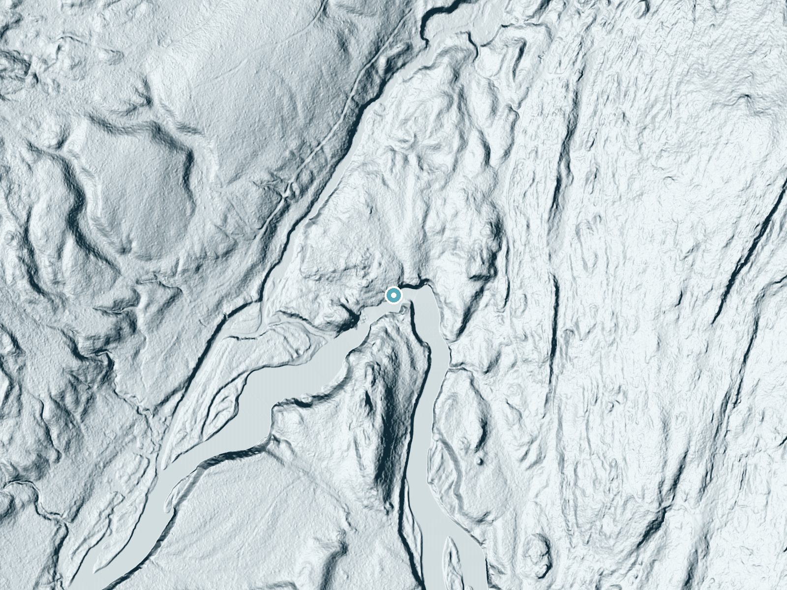 LiDAR bare-earth terrain around Limekiln Falls near Old Forge, New York, showing about 49 feet of drop, a long cascade, facing south