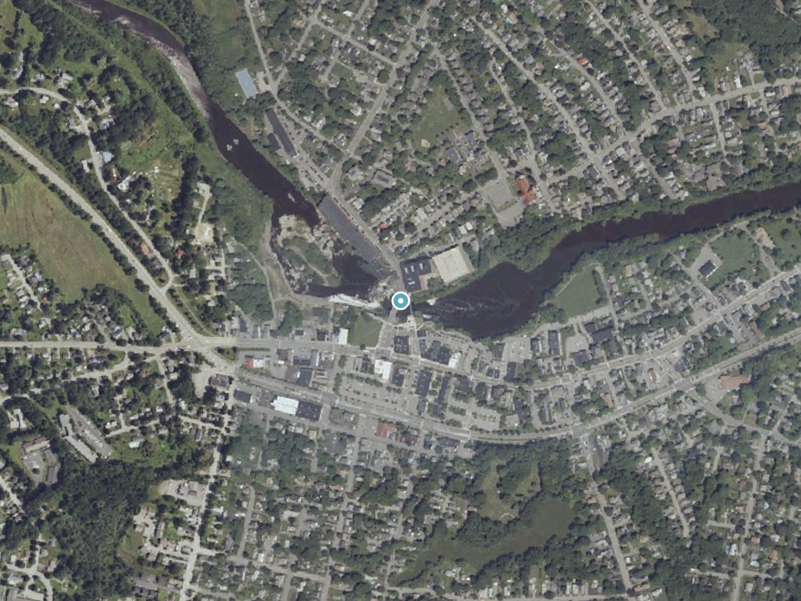 Aerial photo of the same ground around Saccarappa Falls near Westbrook, Maine, for comparison with the lidar view