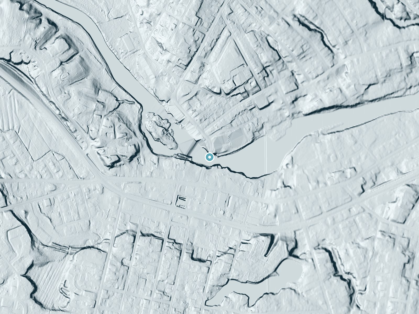 LiDAR bare-earth terrain around Saccarappa Falls near Westbrook, Maine, showing about 27 feet of drop