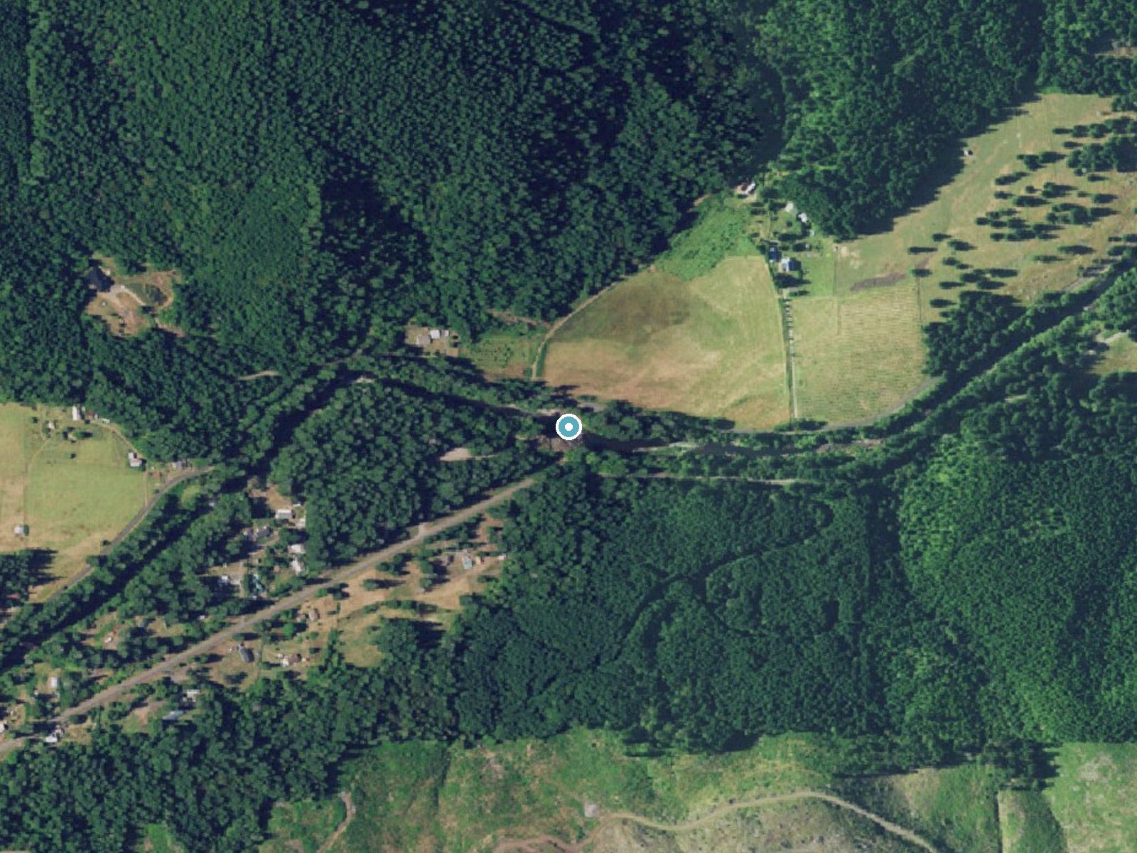 Aerial view of the ground around Wildwood Falls near Dexter, Oregon