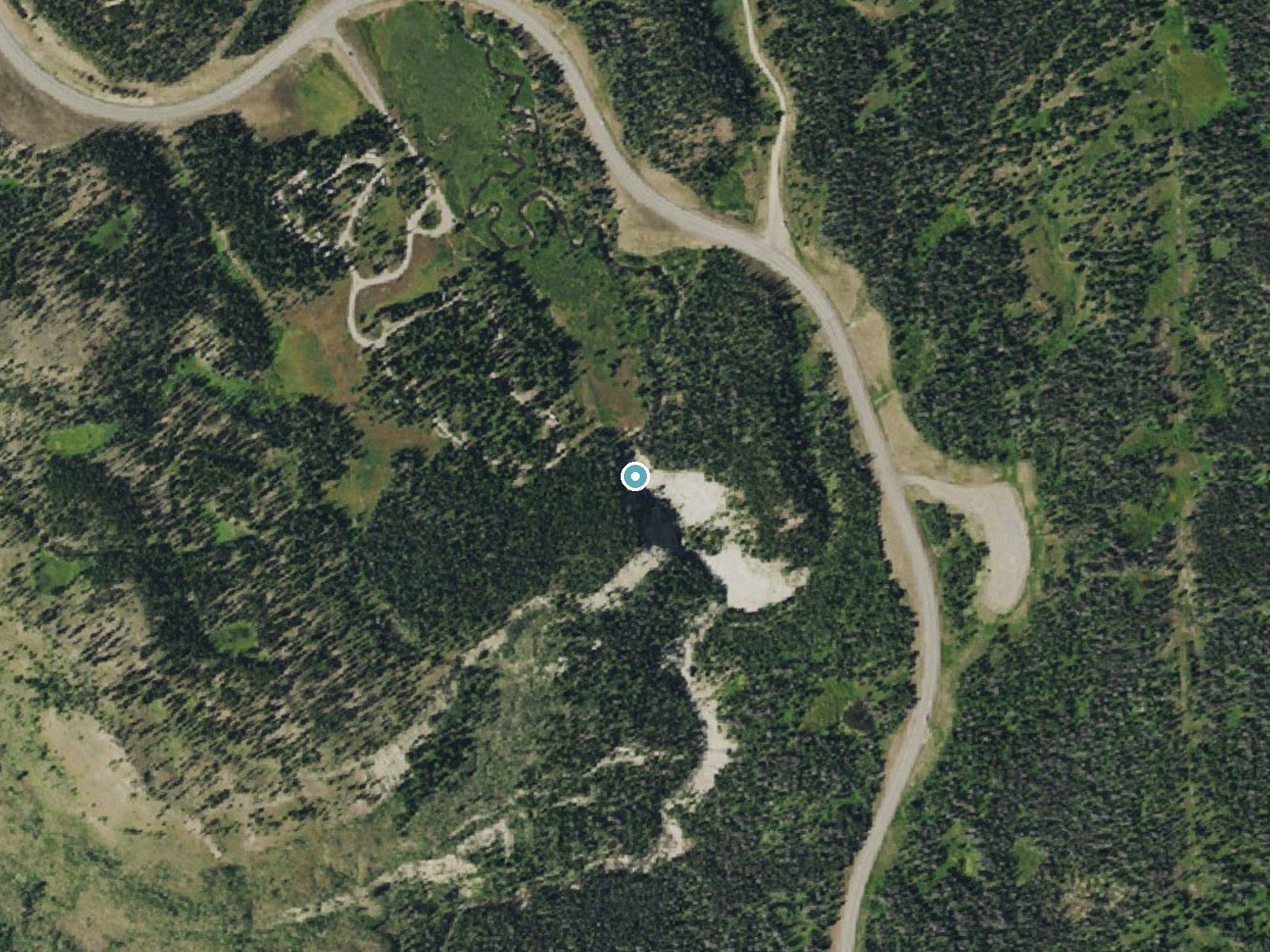 Aerial photo of the same ground around Brooks Lake Creek Falls near Dubois, Wyoming, for comparison with the lidar view