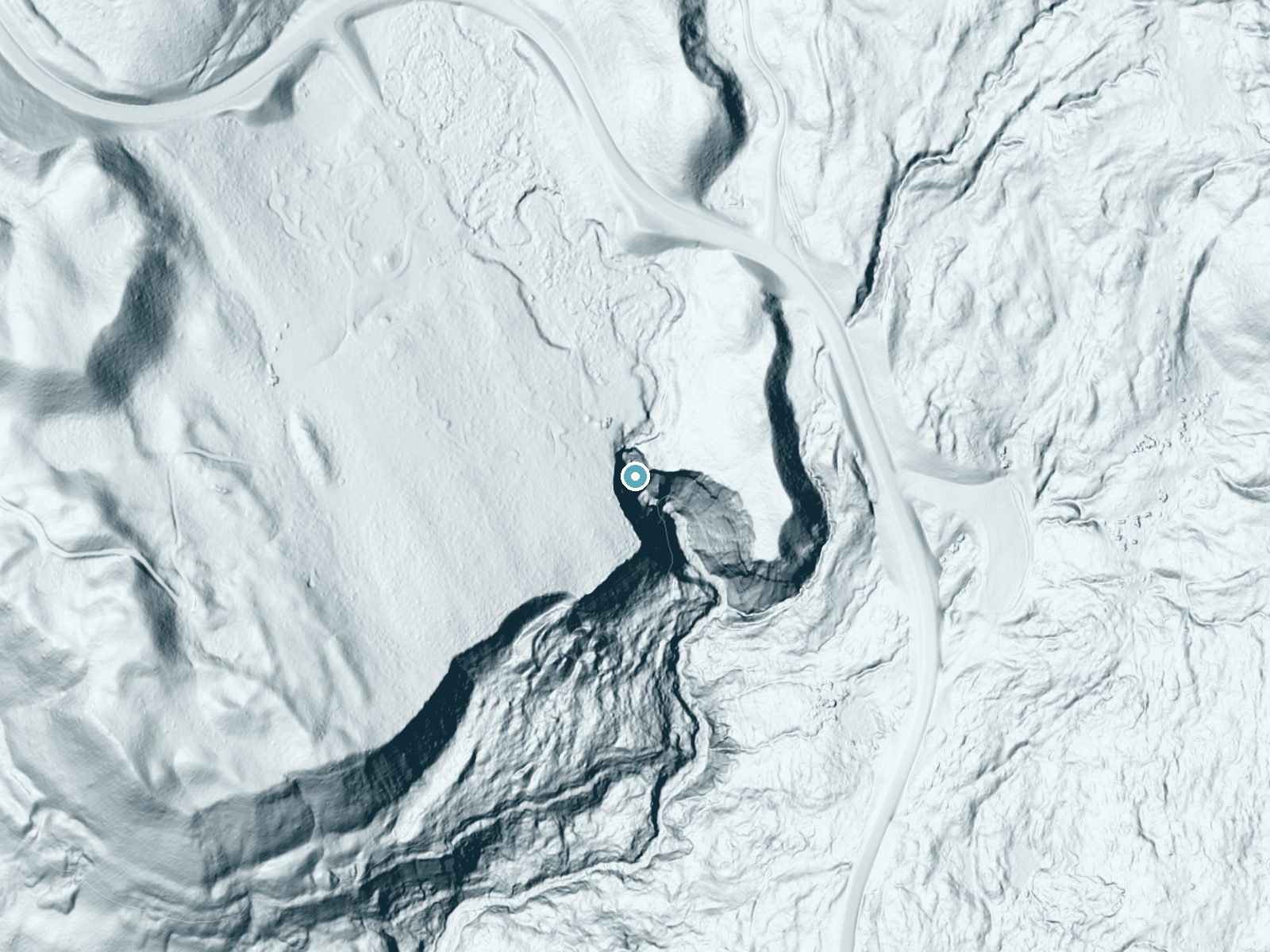 LiDAR bare-earth terrain around Brooks Lake Creek Falls near Dubois, Wyoming, showing about 186 feet of drop, a steep tiered drop, facing southeast