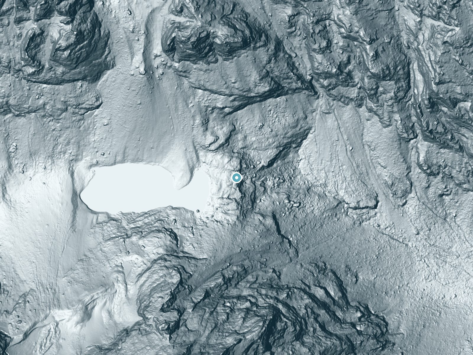 LiDAR bare-earth terrain around Shoshoko Falls near Teton Village, Wyoming, showing about 269 feet of drop, a single sheer drop, facing east