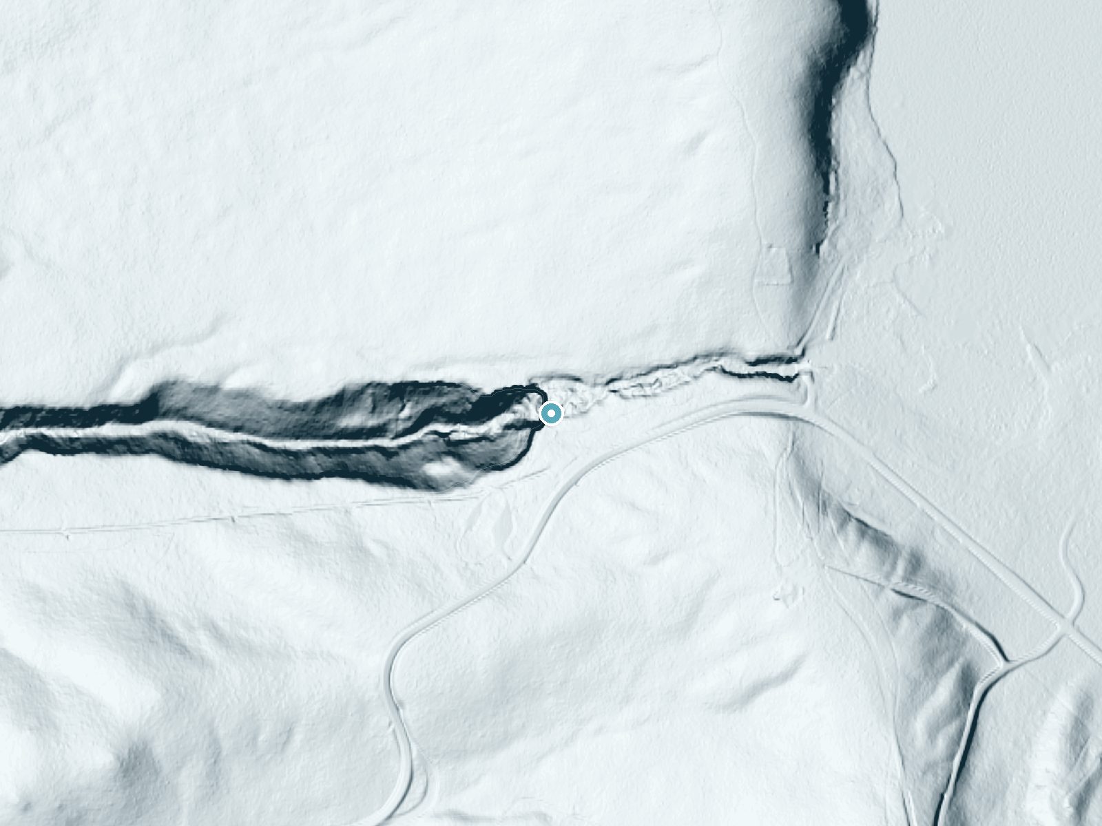 LiDAR bare-earth terrain around Paulina Creek Falls near La Pine, Oregon, showing about 156 feet of drop, a steep tiered drop, facing west