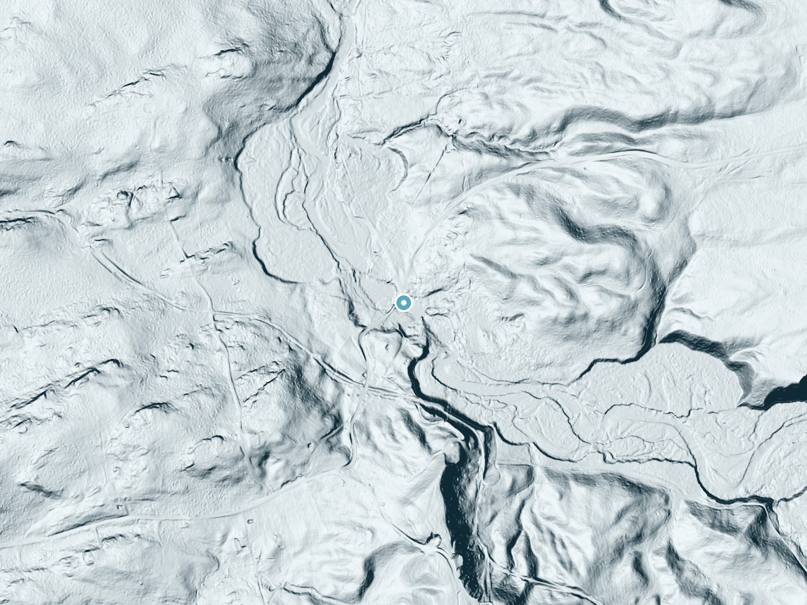 LiDAR bare-earth terrain around Eatonville Falls near Lyons Falls, New York, showing about 37 feet of drop, a long cascade, facing northwest