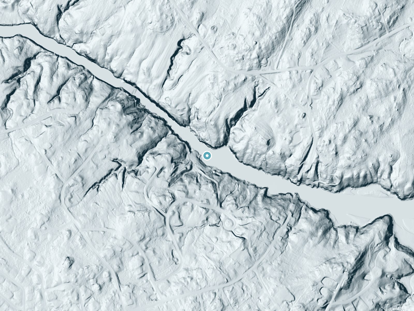 LiDAR bare-earth terrain around Presumpscot Falls near Portland, Maine, showing about 52 feet of drop, a long cascade, facing southeast