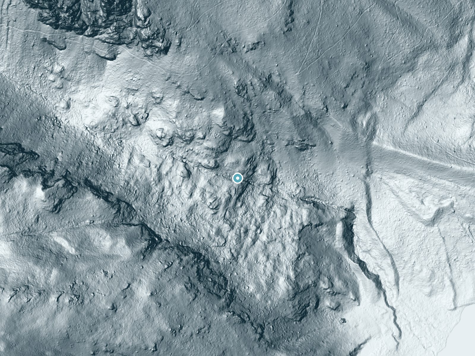 LiDAR bare-earth terrain around Bannock Falls near Teton Village, Wyoming, showing about 280 feet of drop, a steep tiered drop, facing southeast